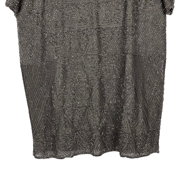 PISARRO NIGHTS BEADED SILK COLD SHOULDER GRAY SILVER COCKTAIL PARTY DRESS - Picture 6 of 14